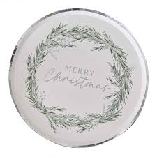 SILVER MERRY CHRISTMAS WREATH PAPER PLATES