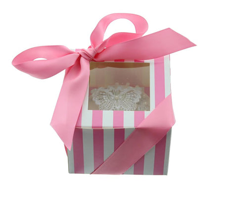 CUPCAKE BOXES - PINK & WHITE STRIPED SINGLE