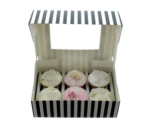 CUPCAKE BOXES - BLACK & WHITE STRIPED (HOLDS 6)